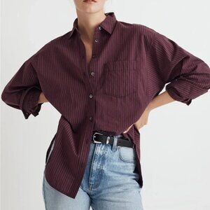 Madewell Poplin Side-Panel Dolman Button-Up Shirt in Stripe smoldering plum
